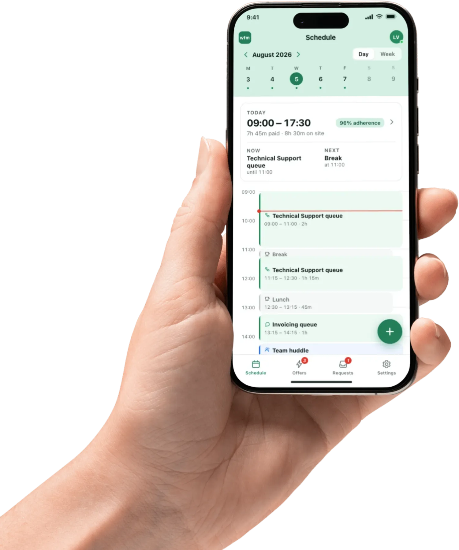 The Mobile Connect FCS app open on a phone, showing an agent's day: the Technical Support queue, breaks, lunch, the Invoicing queue and a team huddle laid out on a timeline.